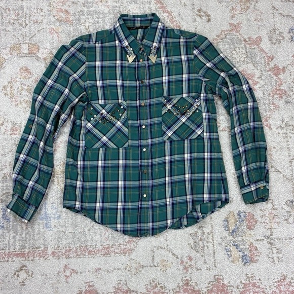 Zara Tops - Zara Woman's Green Plaid Western Shirt Rhinestone Embellished Studded Collar